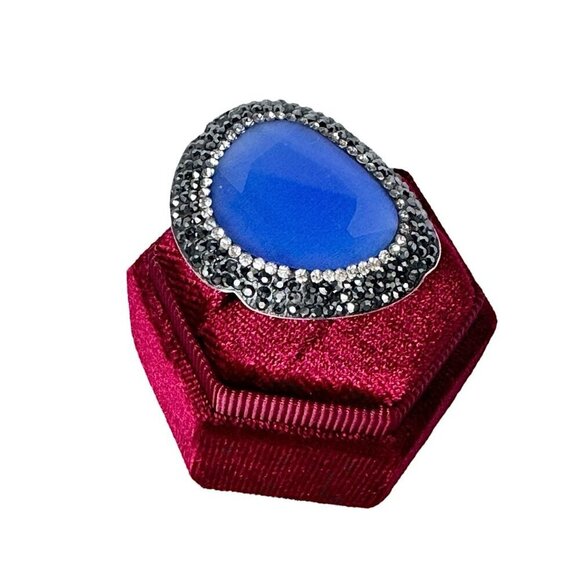 NEW ZSA ZSA Cocktail Ring Blue Cat's Eye Swarovski Adjustable Sterling Silver - Picture 3 of 10
